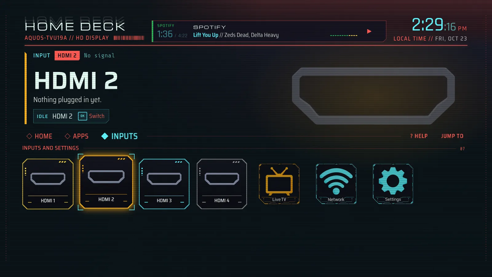 The Inputs section: four HDMI ports, Live TV, Network and Settings