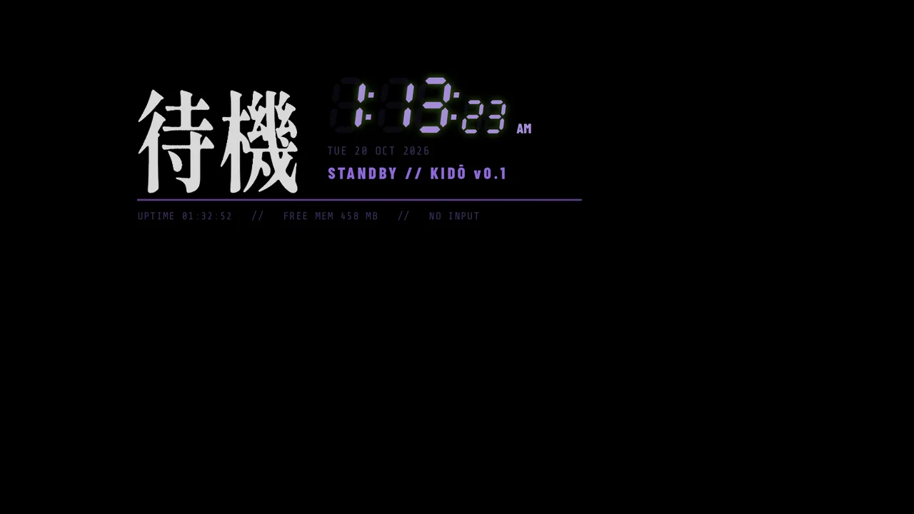 KIDŌ Standby: a large 待機, the clock and readouts on black